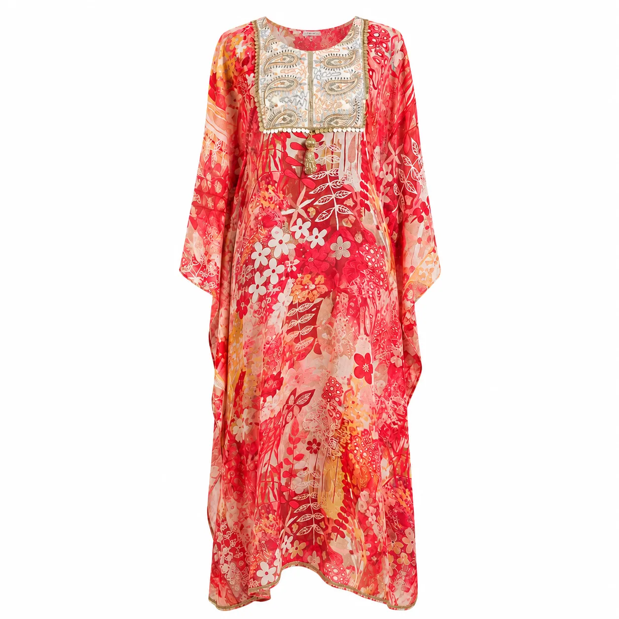 Red Printed Long Kaftan with Heavy Embellished Yoke